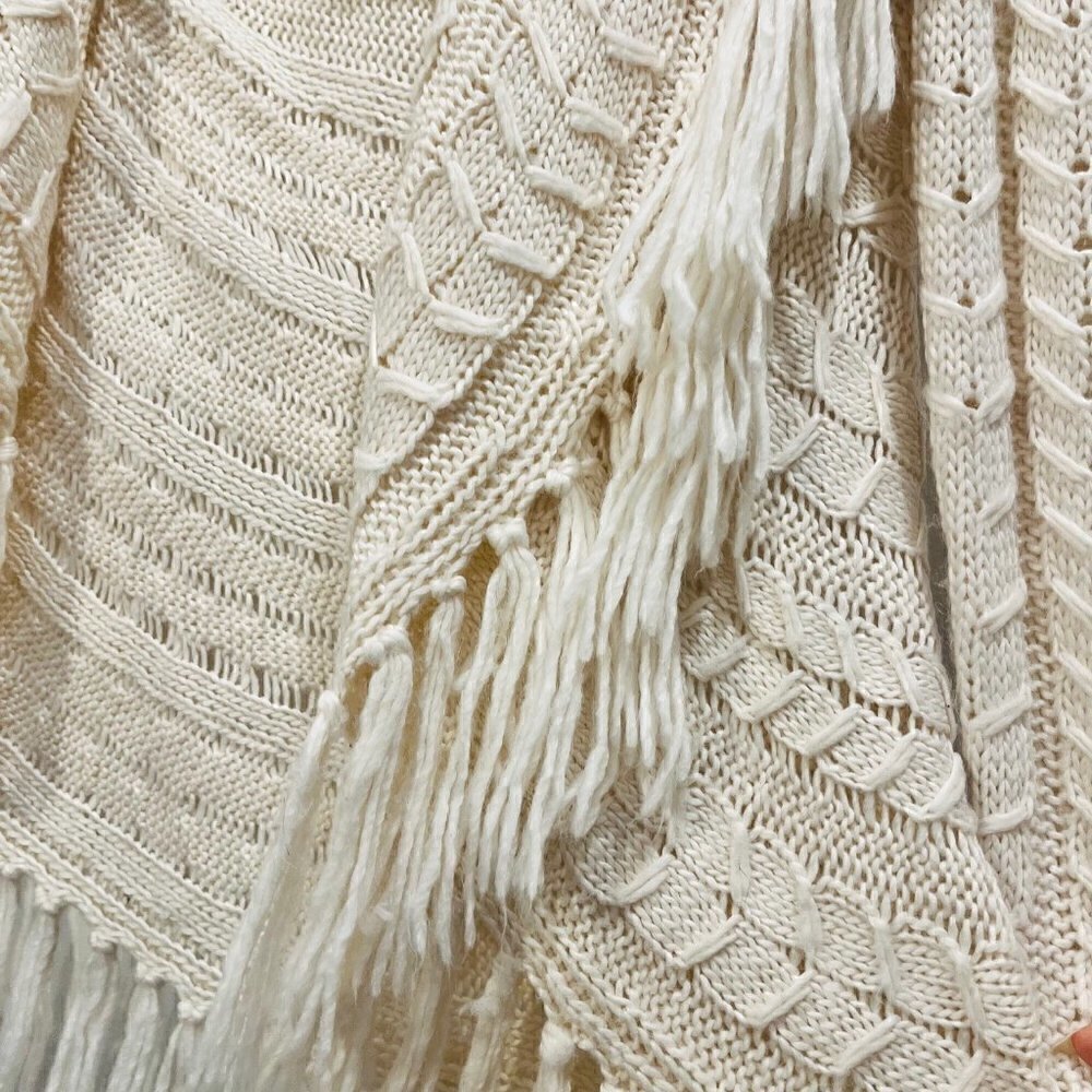 Anthropologie BB Dakota Karli Fringe Cream Long Cable Knit Wool Shawl Cardigan - Picture 8 of 16